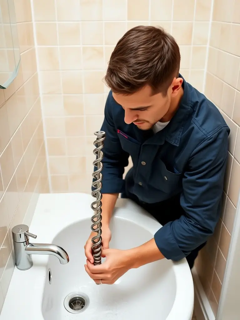 A professional technician using a drain auger to clear a clogged commercial floor drain, with visible safety gear and modern equipment in a well-lit facility.