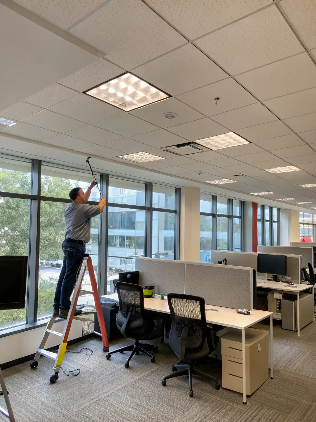 A handyman replacing ceiling tiles and adjusting a commercial door closer in an office hallway, representing facility maintenance and repair services.