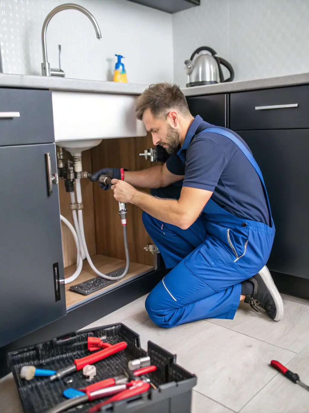A skilled plumber repairing a leaking pipe under a commercial sink, surrounded by organized tools and stainless steel fixtures in a restaurant kitchen.
