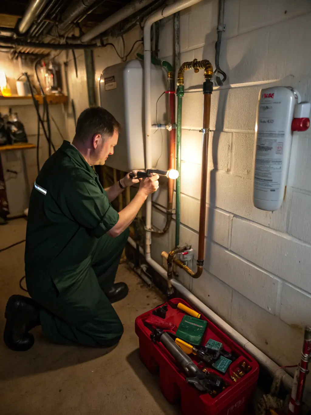 A technician performing a preventive inspection on a building’s plumbing system, using a checklist and digital tablet in a modern commercial facility.