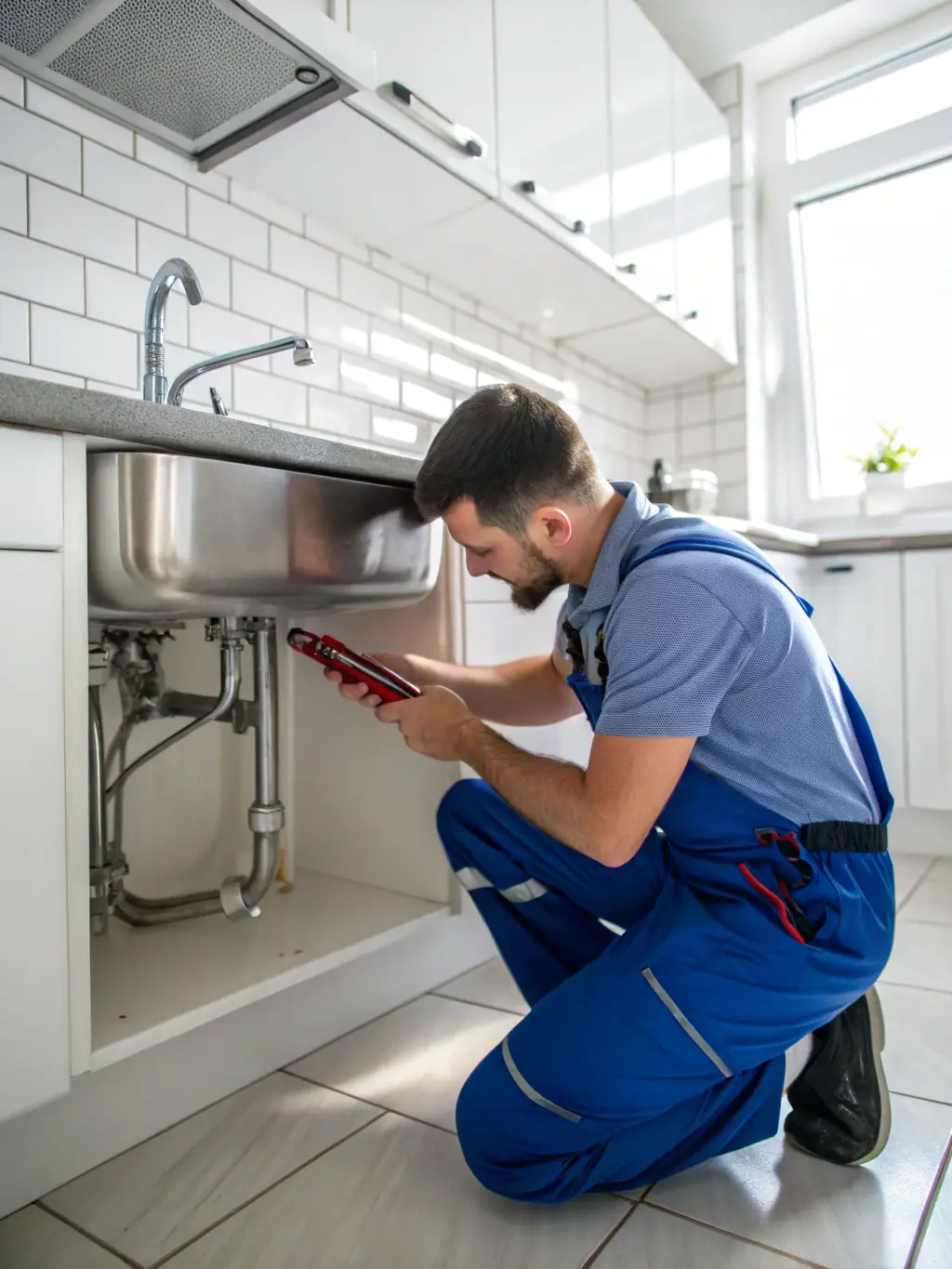 A skilled technician repairing a leaking water line under a sink in a convenience store, demonstrating hands-on plumbing repair work.