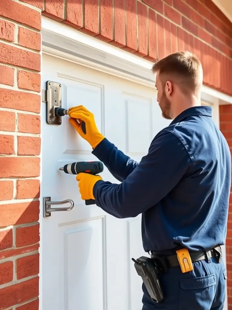 A uniformed handyman replacing a commercial door hinge in an office hallway, with a toolbox and safety signage visible in the background.